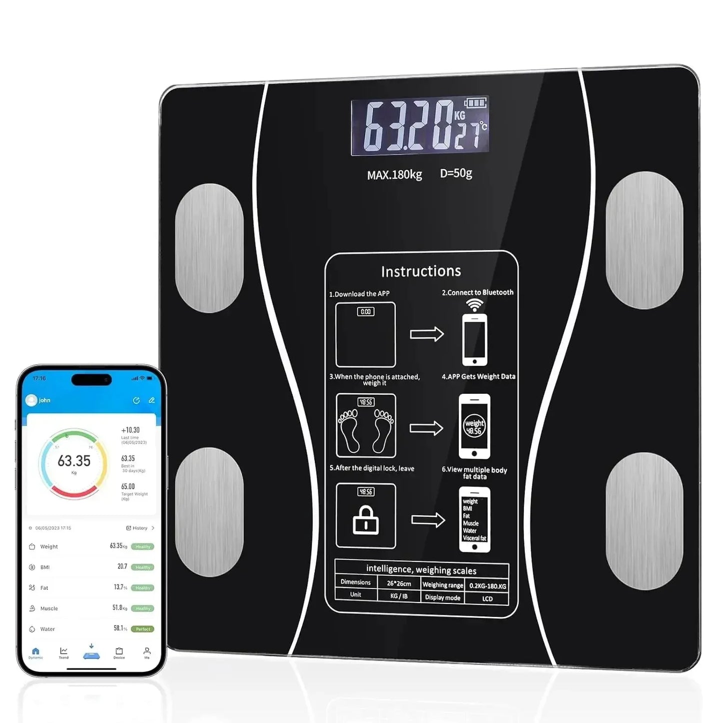 (Top selling) Smart Weight Scale with Bluetooth Connectivity for BodyMetrics Monitoring