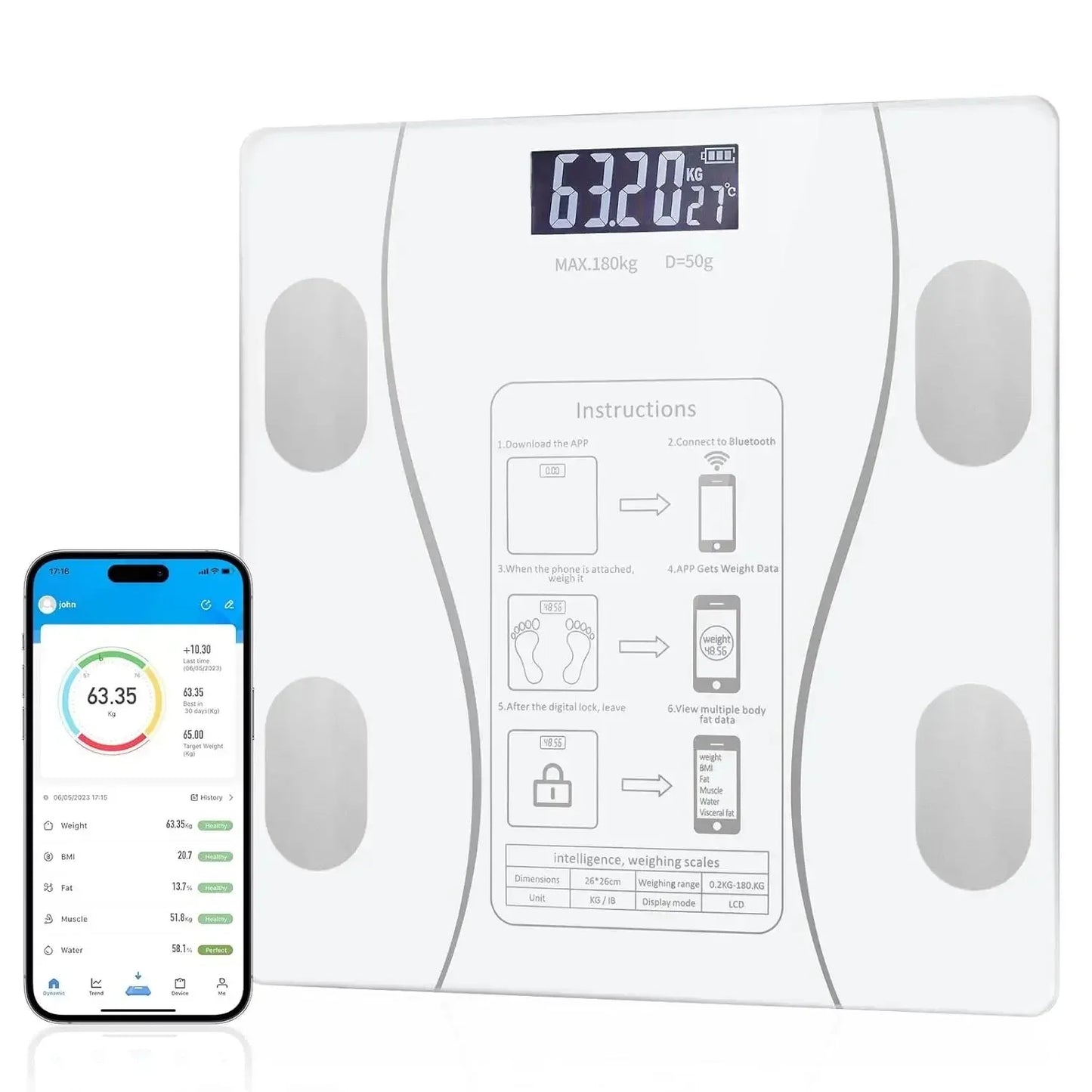 (Top selling) Smart Weight Scale with Bluetooth Connectivity for BodyMetrics Monitoring